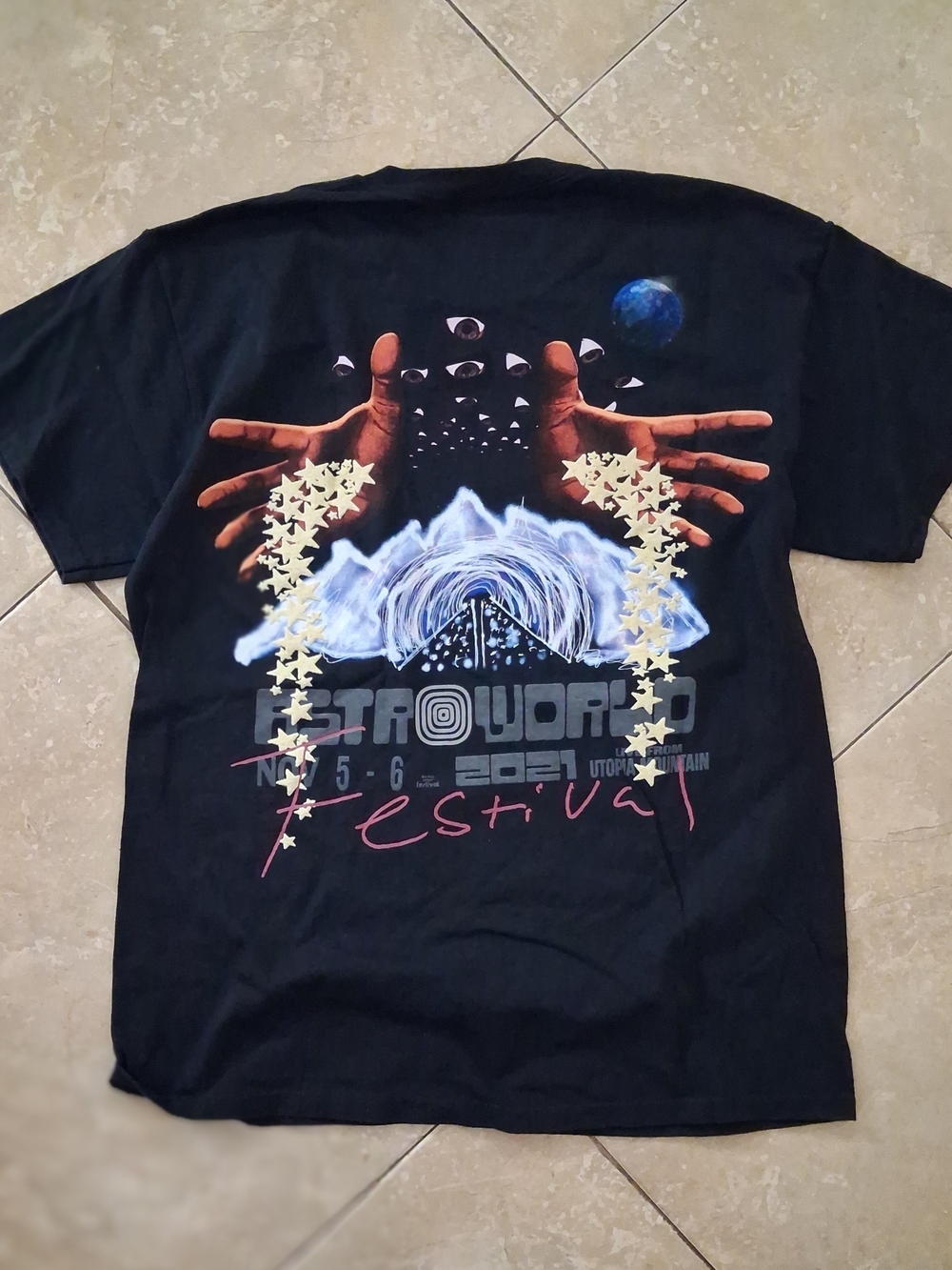 Travis Scott Black AstroWorld Festival Graphic Tee with Multicolor Print